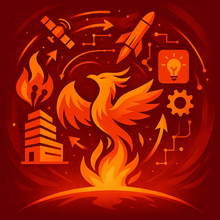 A phoenix rising from flames, surrounded by a satellite, rocket, gear and lightbulb